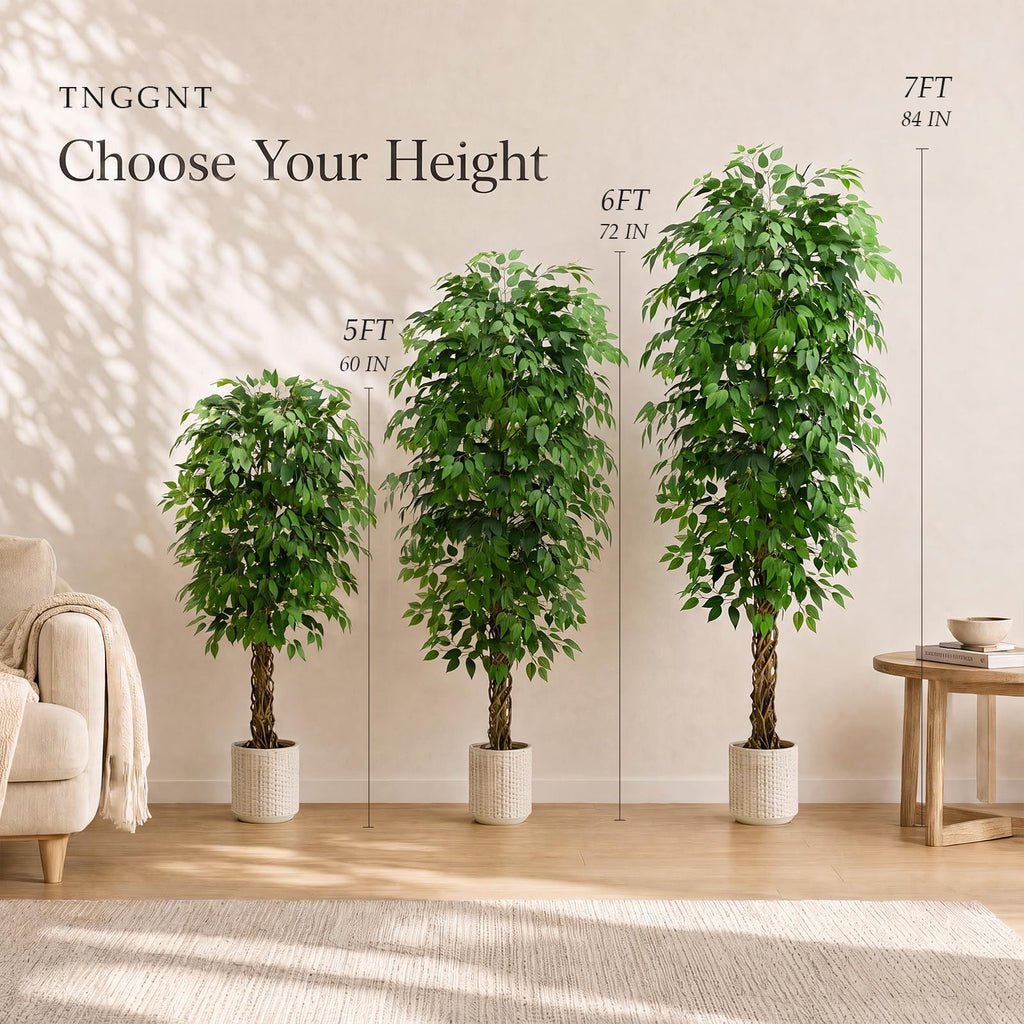 Artificial Ficus Tree:7FT Tall Faux Silk Floor Plant (White Planter)