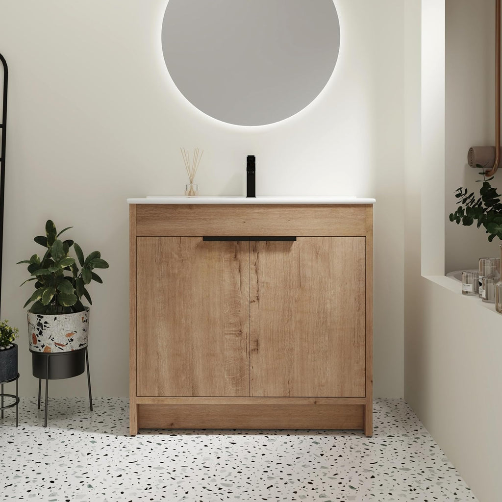 SSLine 36-Inch Bathroom Vanity with Sink Mid-Century Bathroom Vanities with Top Basin Floor Wood Bathroom Sink Cabinet