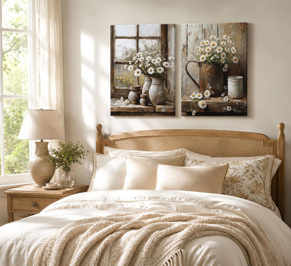 2Pcs Farmhouse Daisy Wall Art Country Bathroom Wall Decor