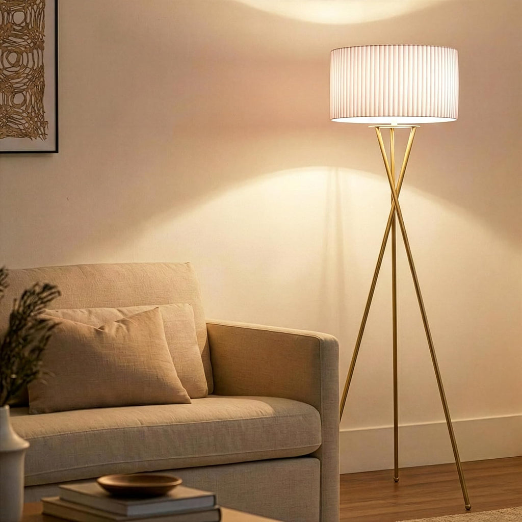 Jaxon Tripod Floor Lamp with Pleated Drum Shade, Modern Lamp, Contemporary and Elegant LED Lamp