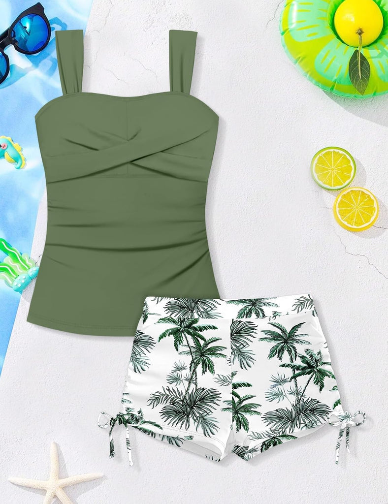 Girls Tankini Swimsuit Square Collar Criss Cross Ruched Bathing Suit Swim Short Drawstring 2 Piece Girls' Swimwear