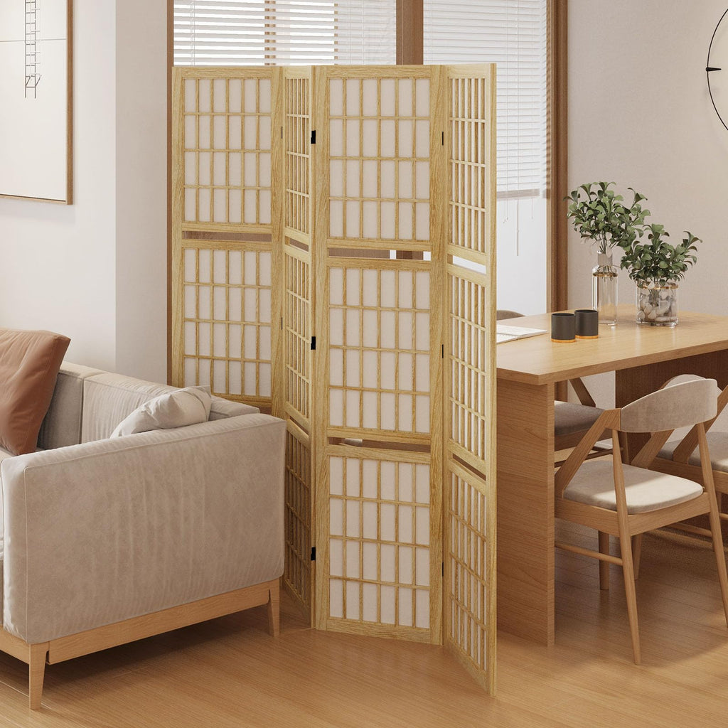 Room Divider with Shelves, 66.9-Inch Tall Japanese Shoji Style Wood Screen with Double Hinges Bedroom Hotel
