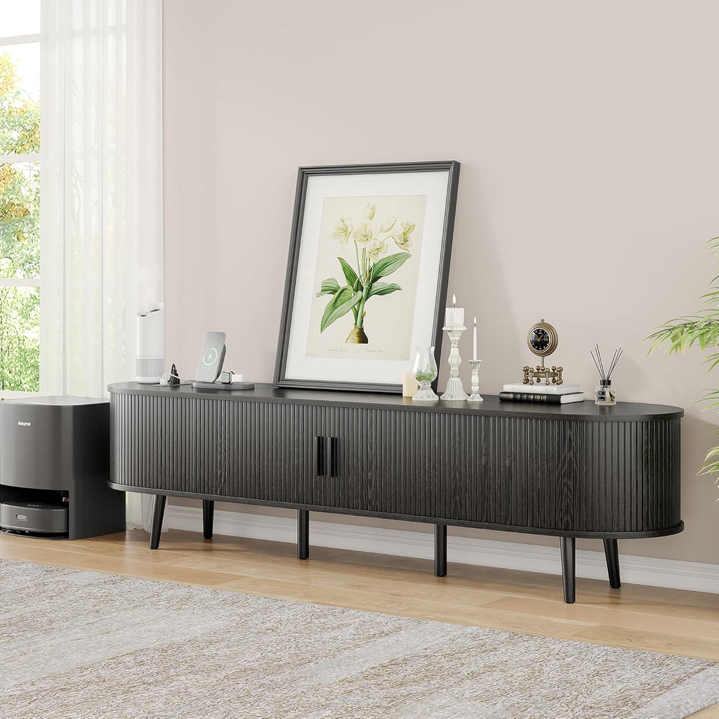 69" Mid Century Modern TV Stand with Power Outlet, Farmhouse Curved Edge TV and Media Console Table with Drawer and