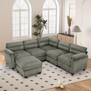 90" Modular Sectional Sofa Couch with Movable Ottoman, Oversized Corduroy U Shaped Sectional Couches with Rolled