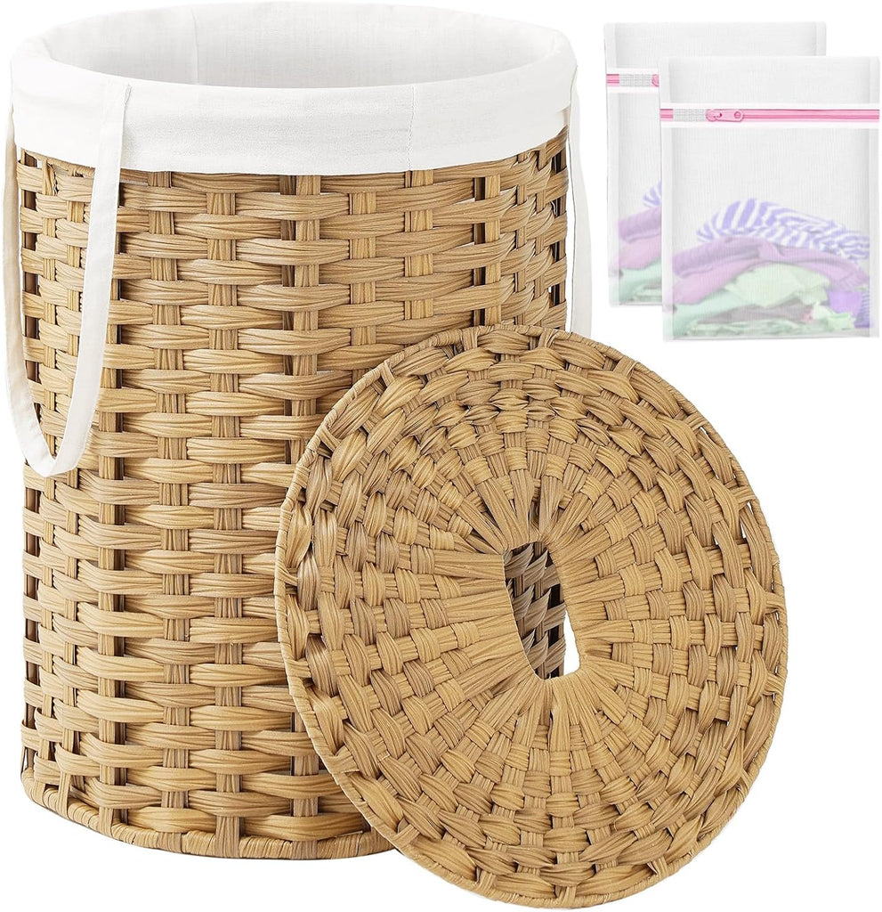 Laundry Hamper with Lid Laundry Basket with Lid 72L, Natural | 19 Gal Round PE Rattan Hamper with Lid, Removable
