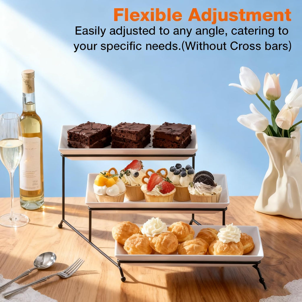 3 Tier Serving Tray, 12" White Plastic Tiered Food Serving Platters, Reusable Tray Stand Black Collapsible Metal