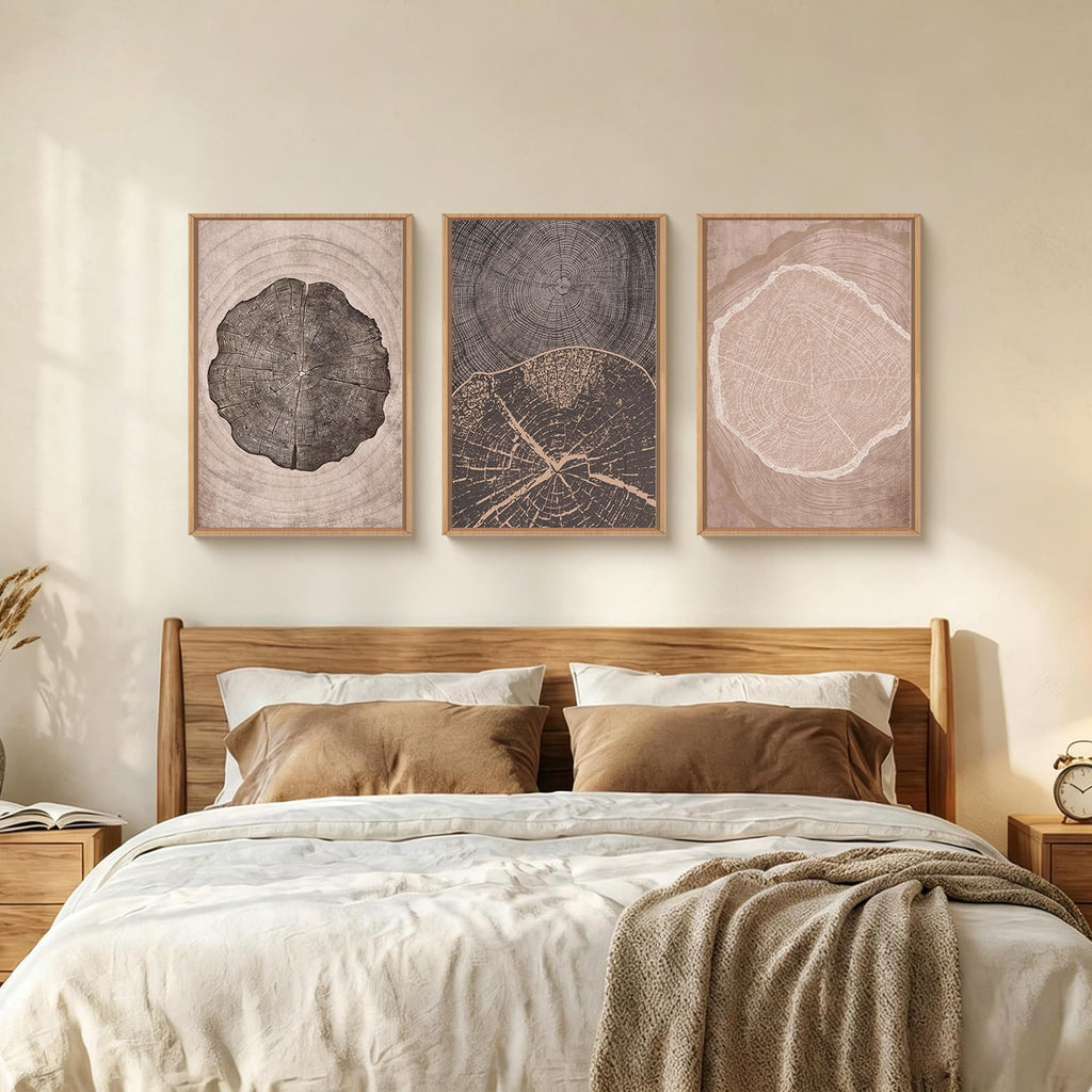 Tree Ring Abstract Neutral Brown Framed Canvas Wall Art Set, Mid Century Modern Black Gray Wood Stump Wall