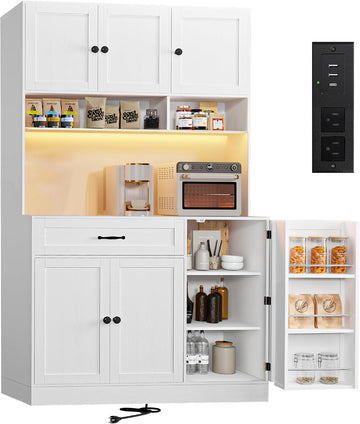72" Kitchen Pantry Cabinet with LED Light and Charging Station Tall Pantry Storage Cabinet with Adjustable Shelves