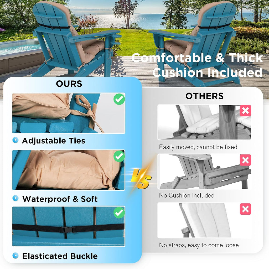 Folding Adirondack Chairs Set of 2 with Cushion with Cup Holder, HDPE Plastic Oversized Patio Chair Weather