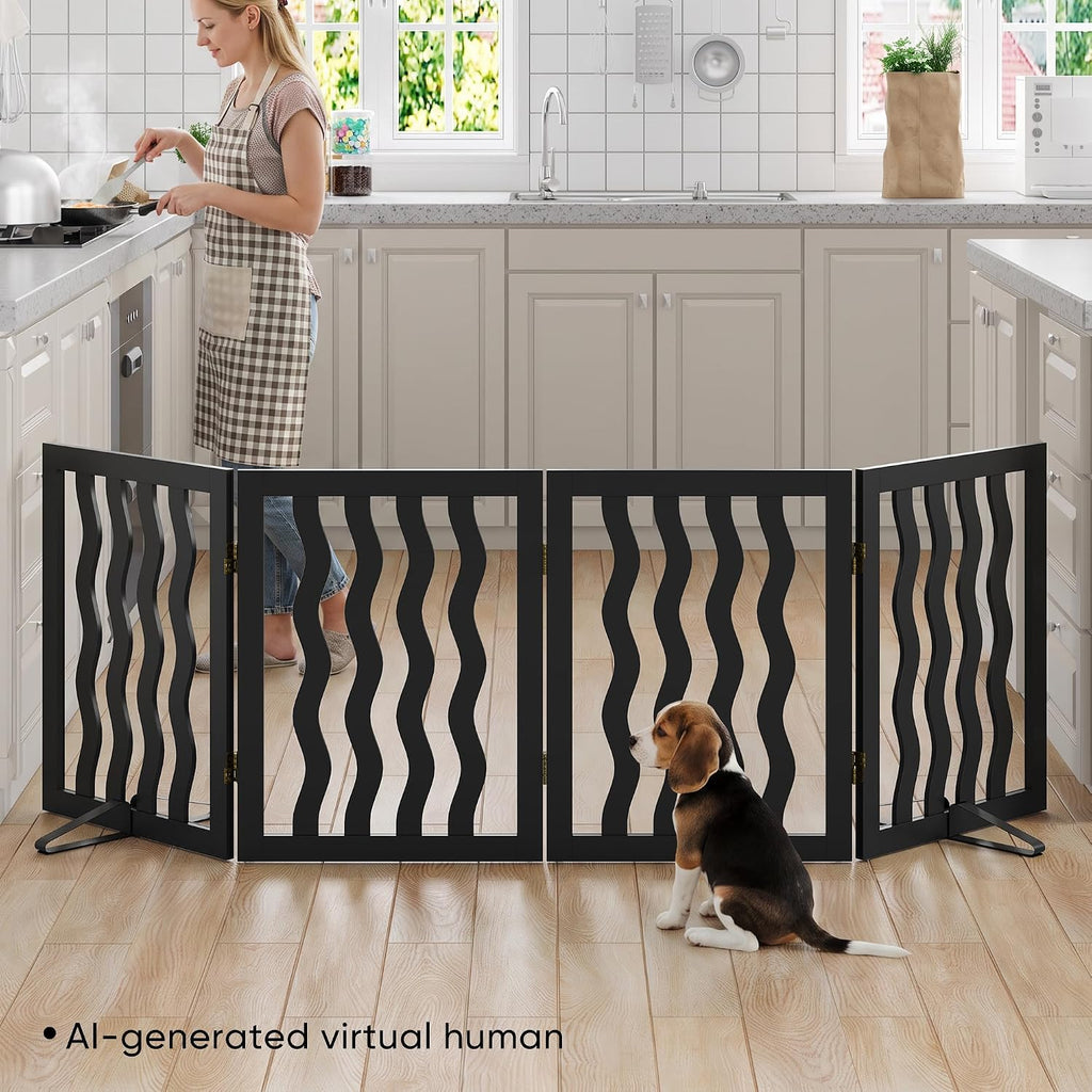 Dog Gate, Wavy Freestanding Dog Gates for Doorways 4 Panels (Black)