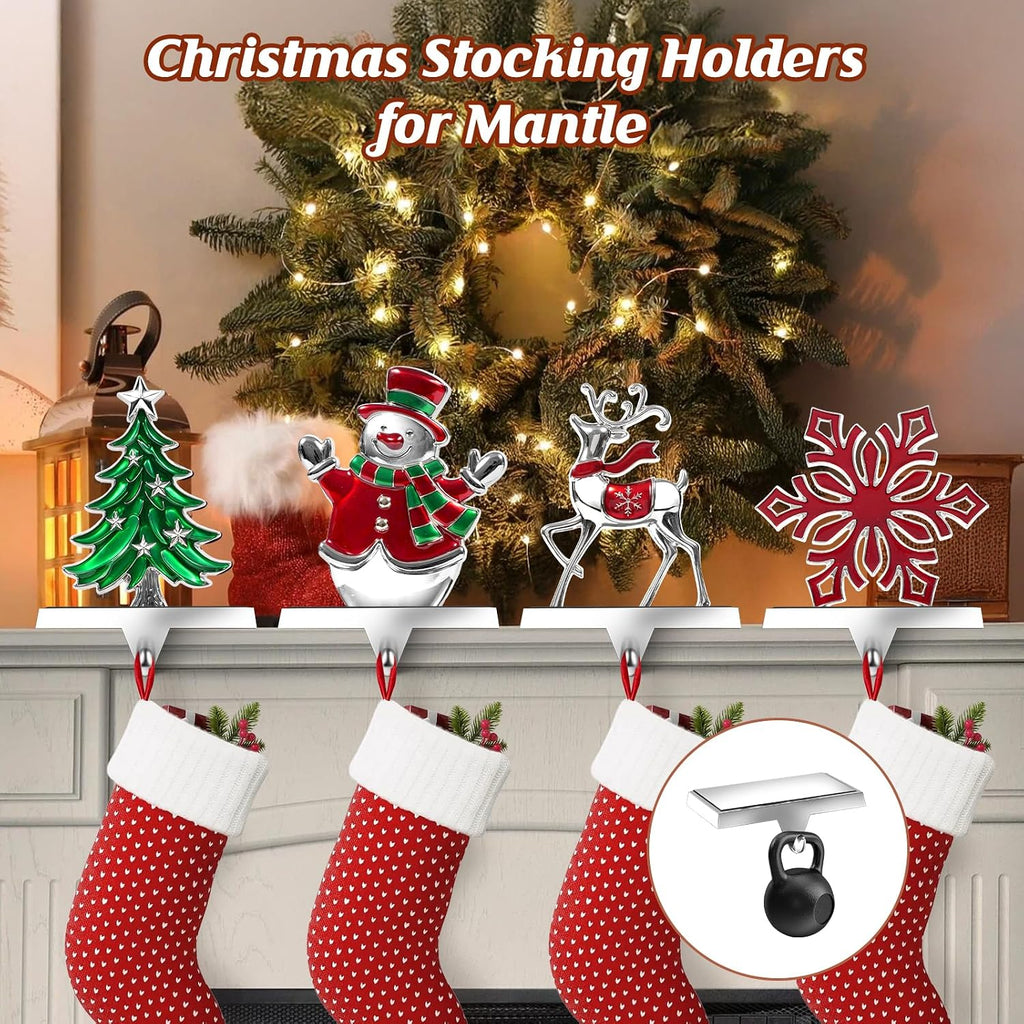 Christmas Stocking Holders for Mantle Set of 4, Heavy Duty 3D Stocking Stand Weighted Stocking Hooks Christmas