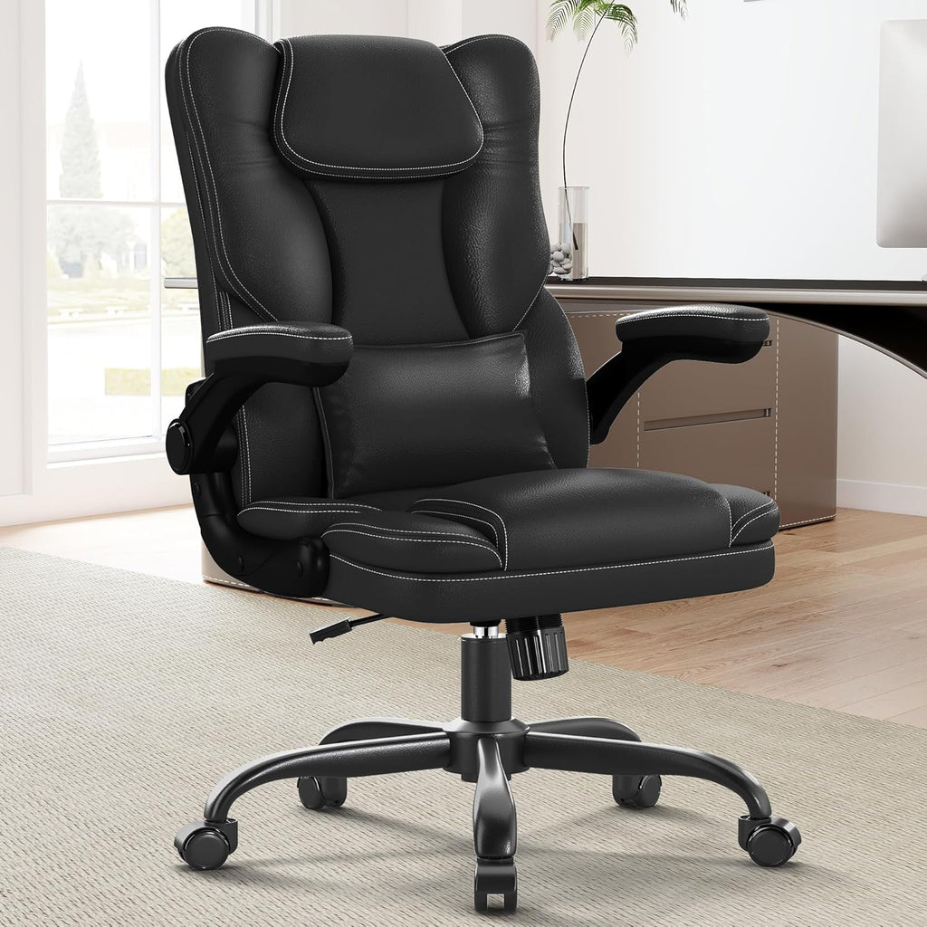 Ergonomic with Flip-Up Armrests, Mid Back Executive PU Leather Desk Chair, Height Adjustable with Lumbar Support