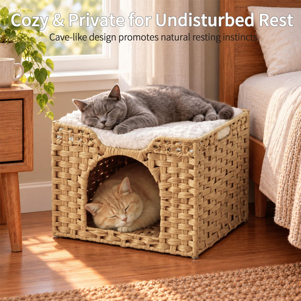 Cat Beds Indoor Kitten House, PE Rattan Cat Cave, Natural