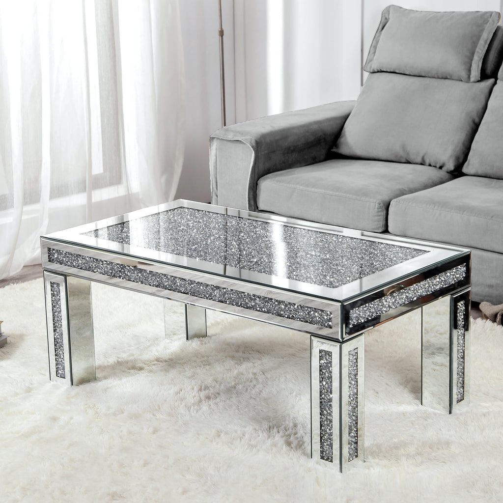 43.3" Silver Mirrored Coffee Table with Crushed Diamond Inlay