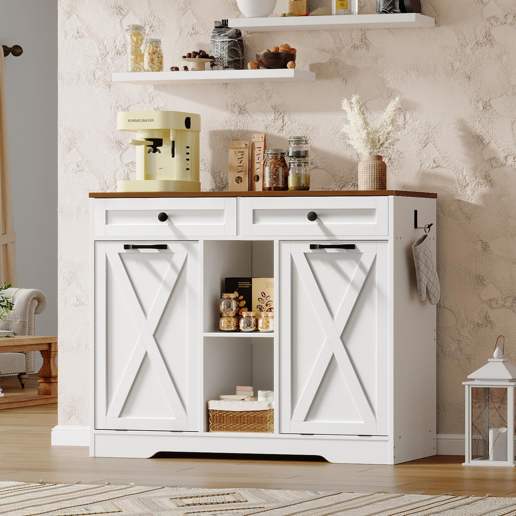 Double Tilt Out Laundry Hamper Cabinet, 23 Gallon Farmhouse Trash Can Cabinet with 2 Drawers and Open Shelving
