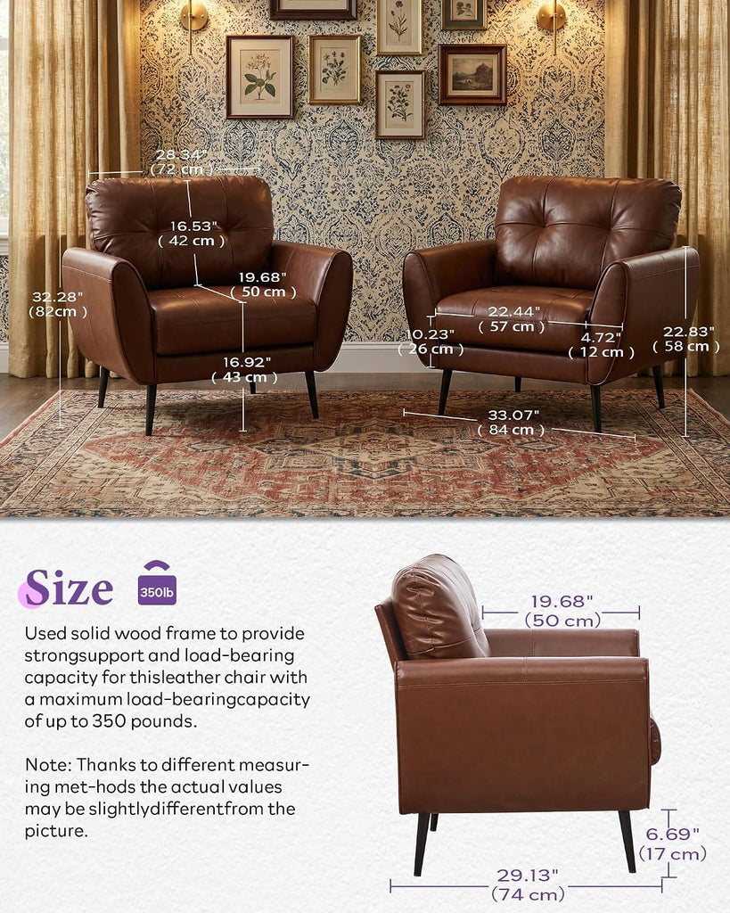 Brown Leather Accent Chairs, Tufted Reading Chairs - Set of 2