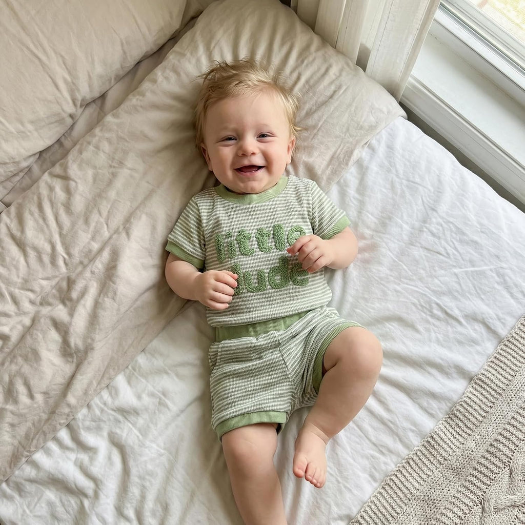 Little Dude Baby Boy Outfit Summer Waffle Romper Shorts Set