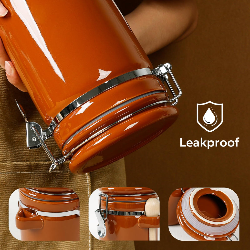 4 Piece Airtight Ceramic Canister Set With Attached Wooden Spoon Reusable Chalk Labels For Dry Goods Sugar Coffee Tea