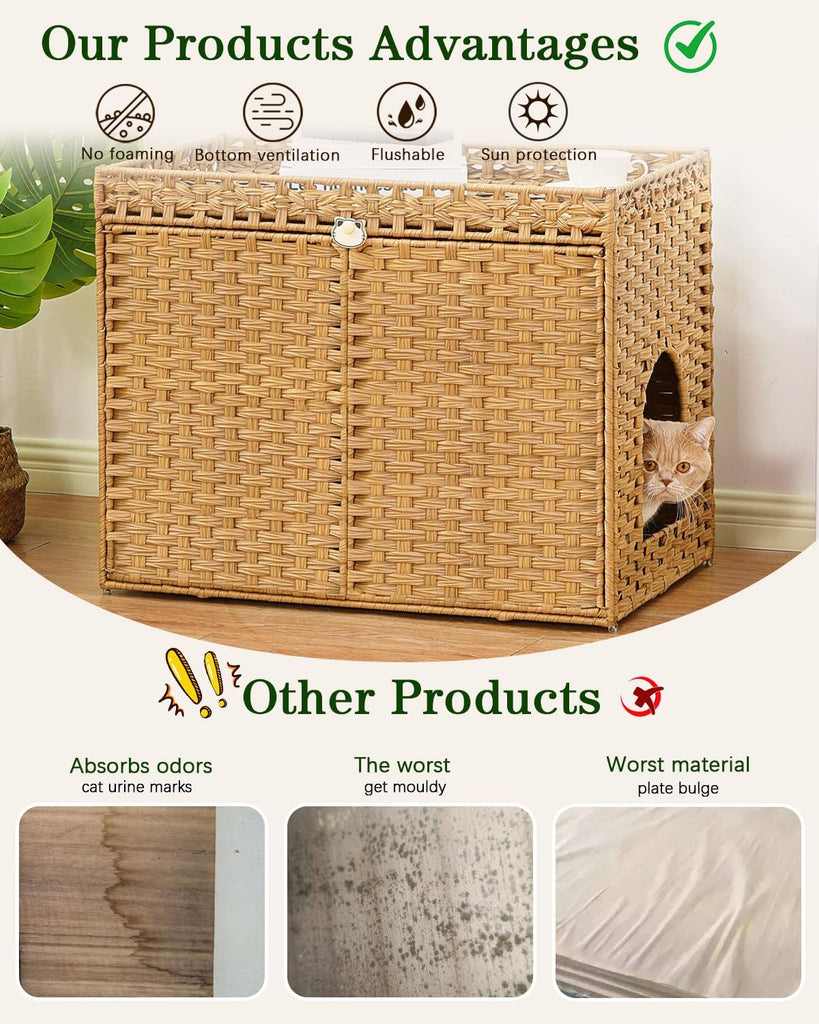 Cat Litter Box Enclosure, Extra Large Hidden PE Rattan Natural