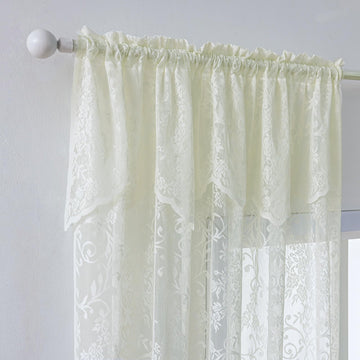 Cream Lace Curtains with Valances 84 Inches Long 2 Panels, Vintage French Floral Embroidered Semi Sheer Drapes Rod