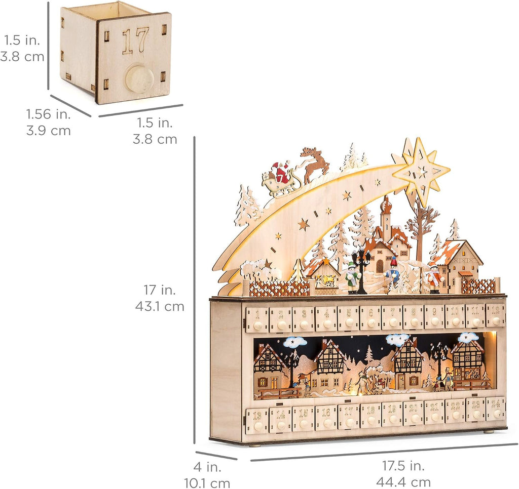Wooden Christmas Advent Calendar, Shooting Star Holiday Decoration w/Battery-Operated LED Light Background