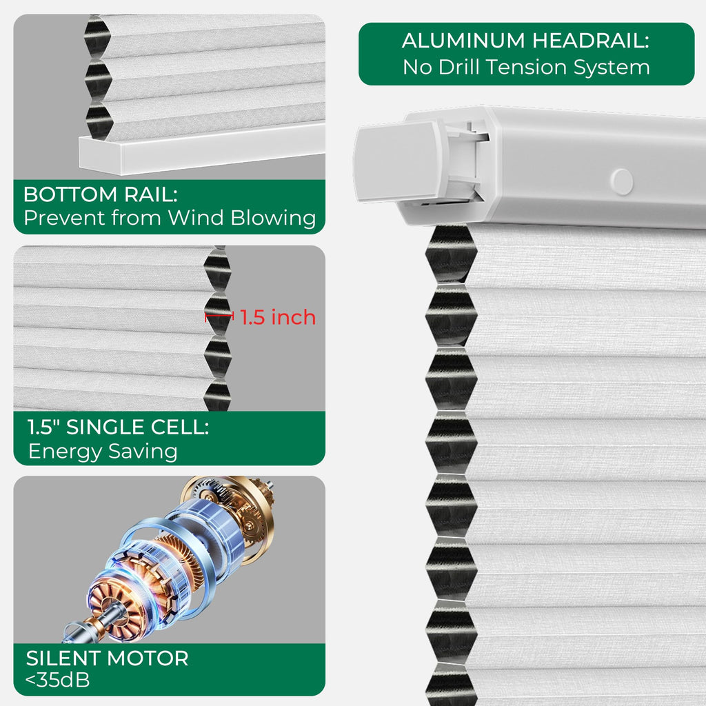 Motorized Cellular Shades No Drill with Remote, White