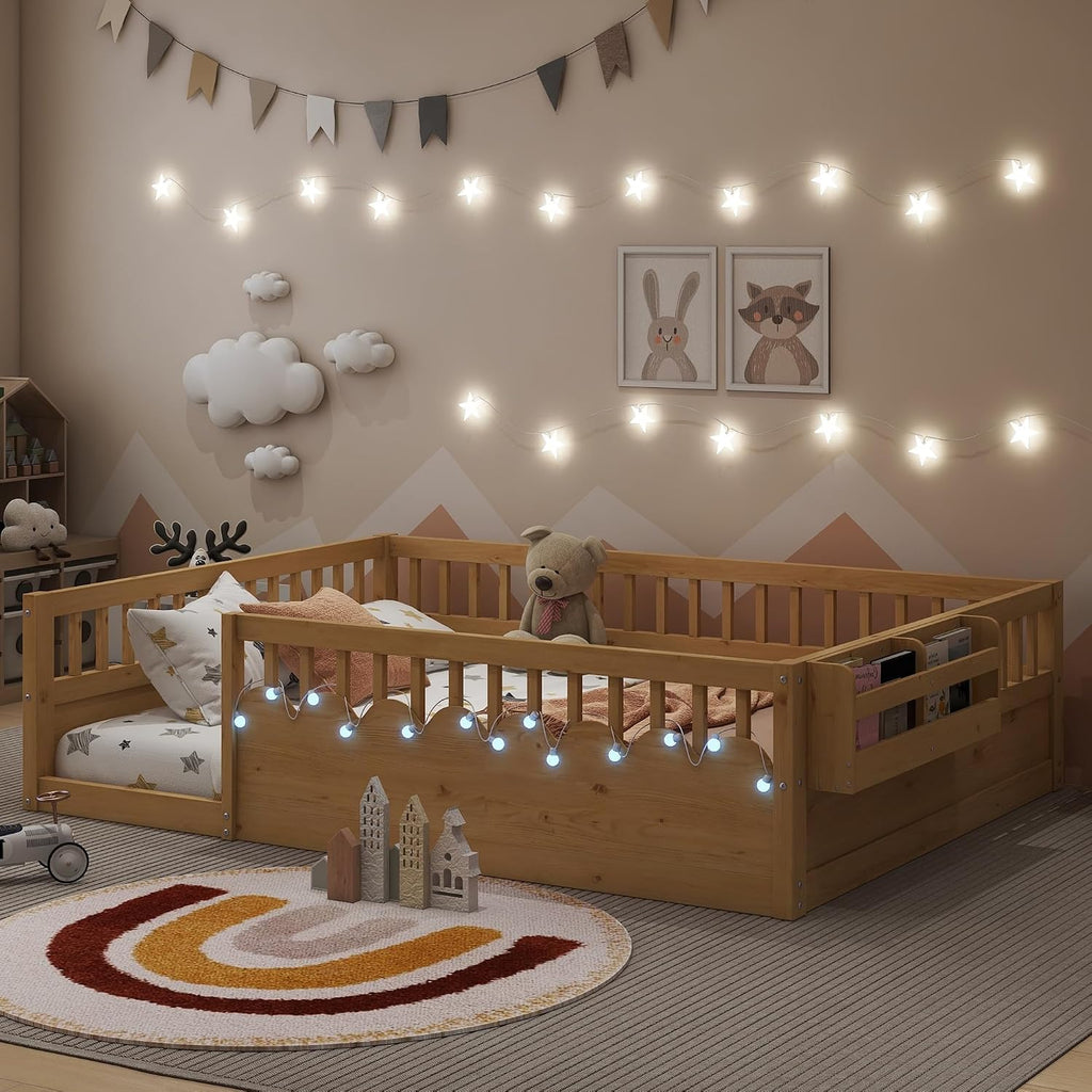 Floor Bed w/Light & Storage, Wood Montessori Platform Bed Frame w/Safety Rails, Space Saving Kids Beds for