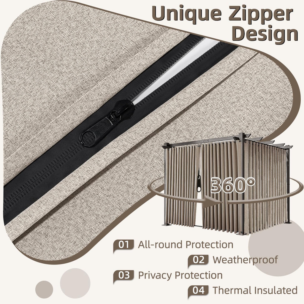Waterproof Outdoor Curtains with Zipper 2 Panels Faux Linen Sun Blocking Blackout Privacy Patio Curtains Top & Bottom