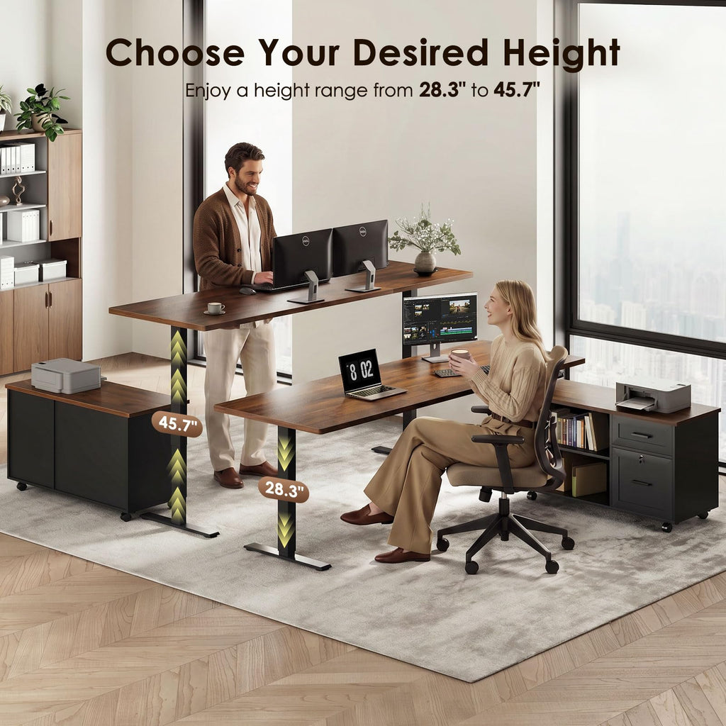 71" L Shaped Electric Standing Desk with Cabinet Sets, Walnut/Black