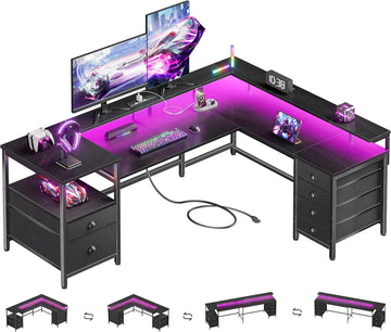 66'' L Shaped Gaming Desk with 6 Drawers, LED, Outlets, Black | Reversible Large Corner Computer Desk with Printer