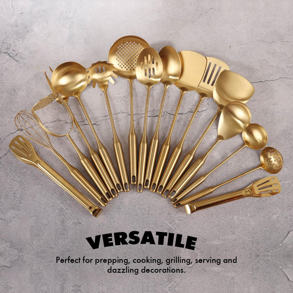 Gold Cooking Utensils Set - 16 PCS All Metal Small and Large Spoons Set