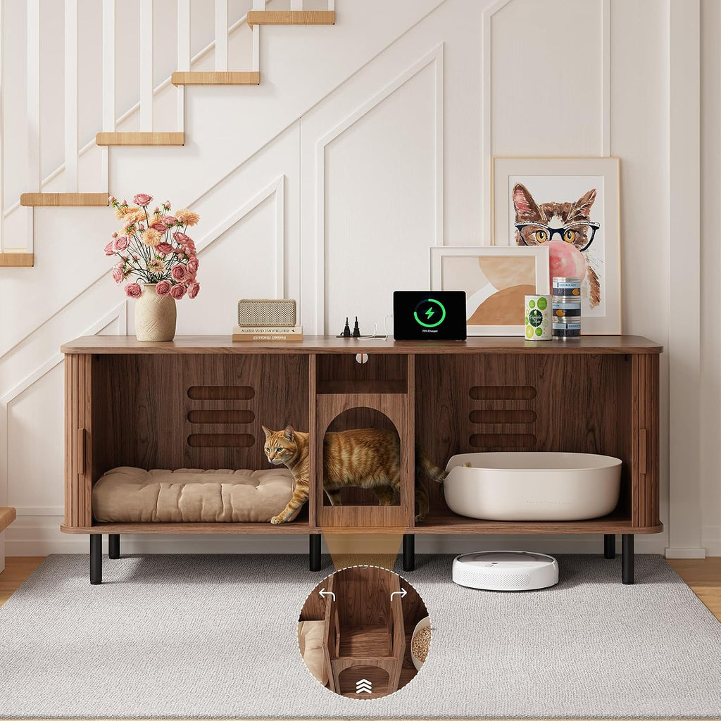 65 Inches Cat Litter Box Enclosure for 2 Cats, Walnut