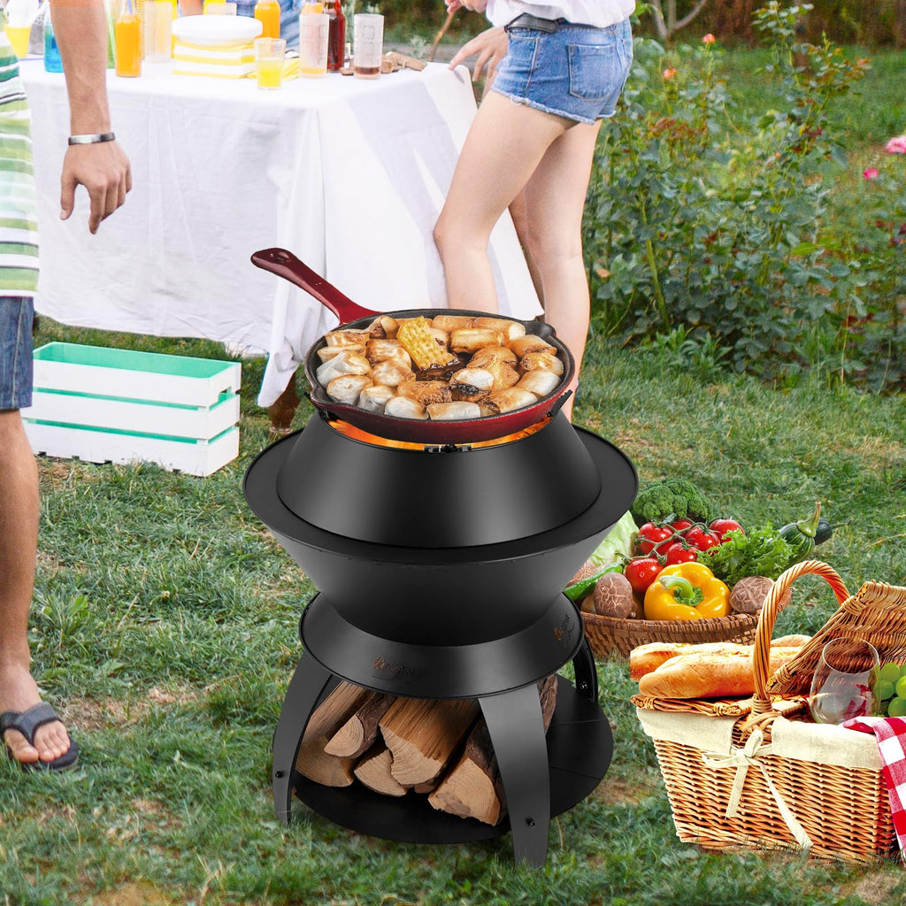 3-in-1 Outdoor Fire Pit, 20" Wood Burning Fire Pits with Removable Wok Ring, Ash Pan & Storage Shelf, Oxygen-Enriched