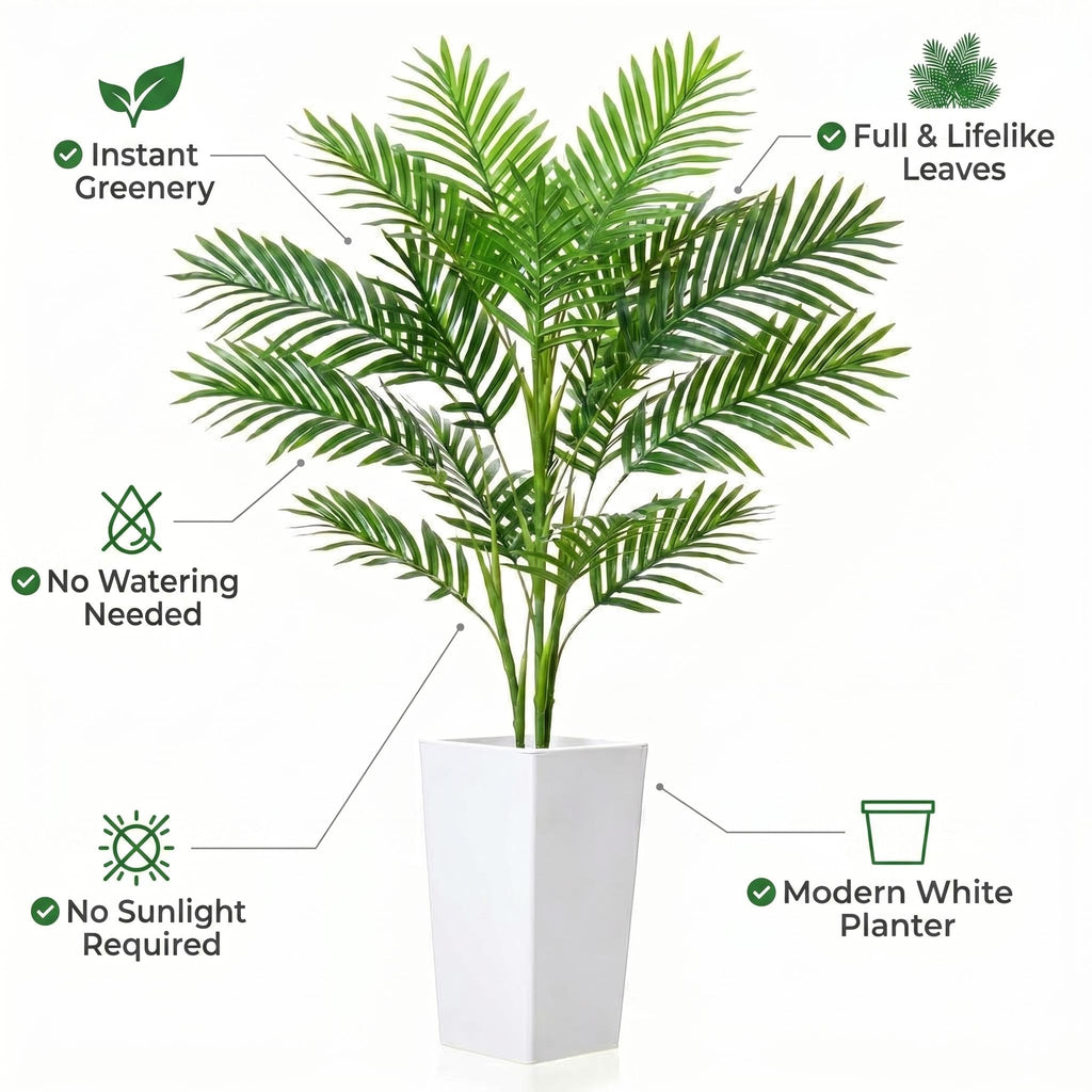 4.2FT Artificial Palm Tree, Tall Faux Tropical Areca Plants with White Tall Planter, Fake Potted Tree with Lifelike