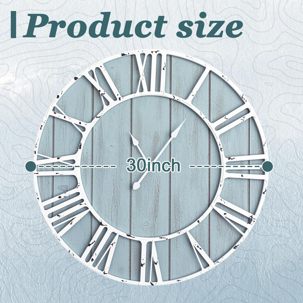 30 Inch Large Coastal Wall Clock, Blue Farmhouse Clock