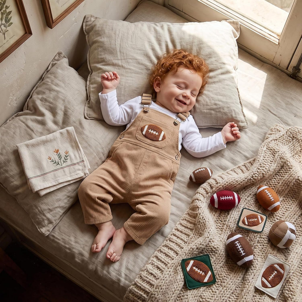 Baby Boy Football Corduroy Overalls Set Long Sleeve Bodysuit Infant Outfit