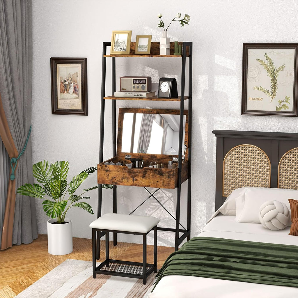 Vanity Desk Set with Flip-up Mirror, Ladder Vanity Table and Cushioned Stool Set w/ 4 Storage Compartments, Small