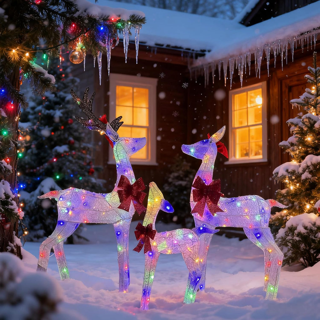 3-Piece Pre-Lit 3D Reindeer Family Decor, Outdoor Christmas Deer Set with Cool White & Colorful LED Lights,Waterproof