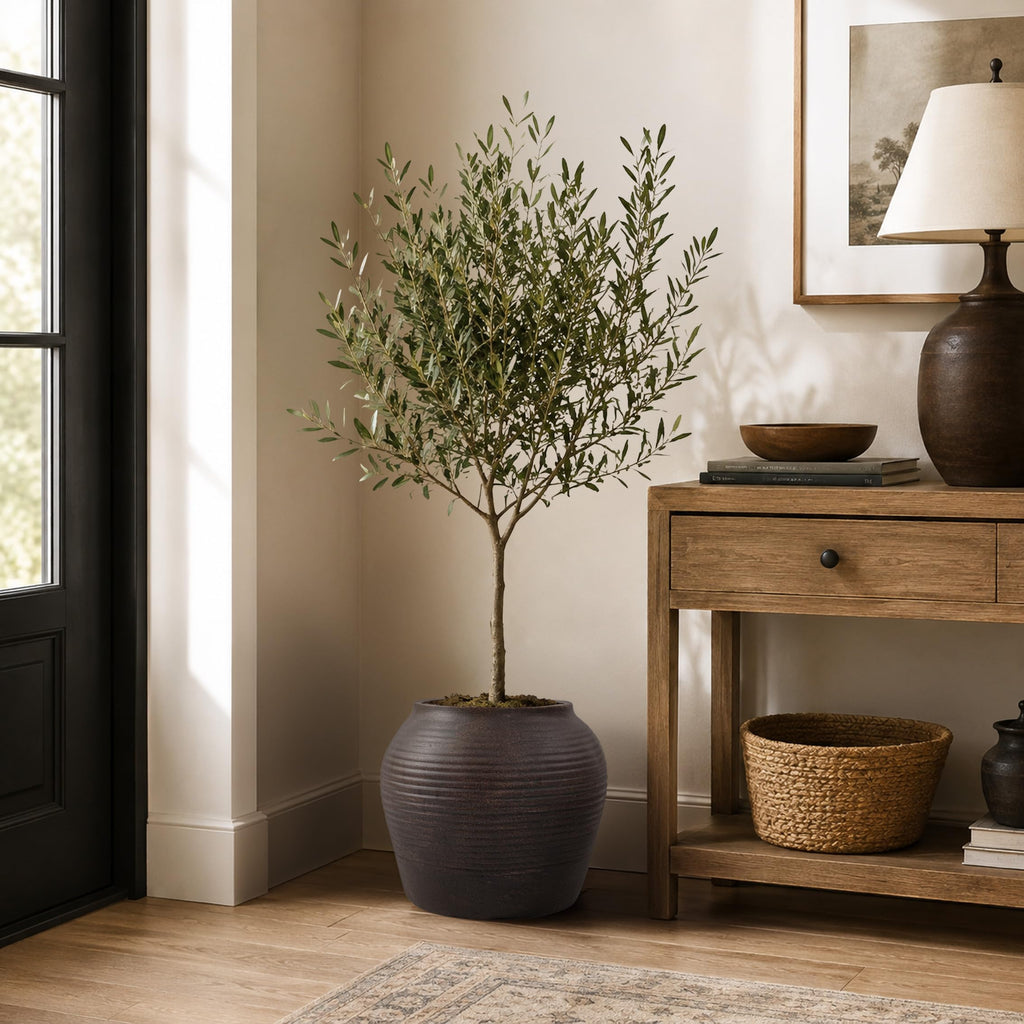 12" H x 14" Dia Vintage Black Fiberstone Planter Pot with Drainage Hole, Decorative Flower Pot plants, Small Trees &