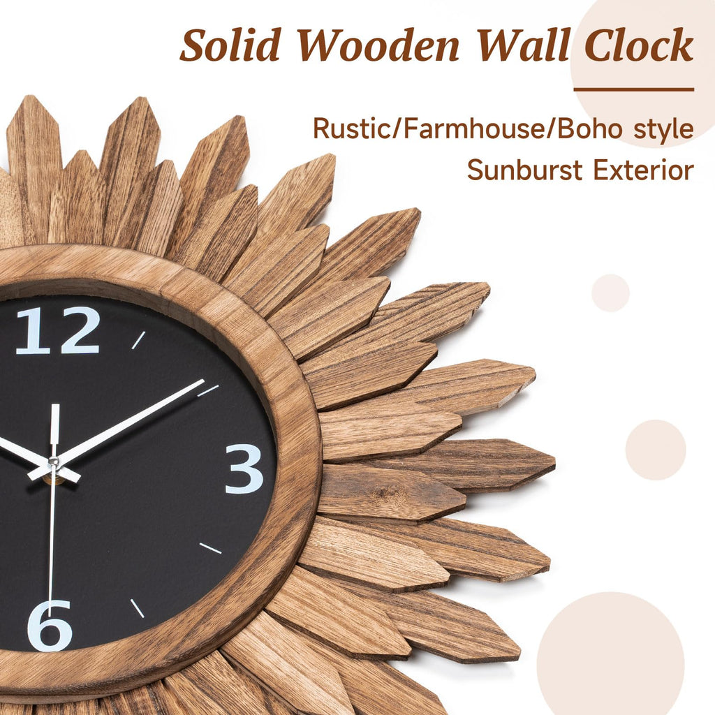 14 Inch Wall Clock, Rustic Wood Boho Sunburst Decorative Wall Clocks Battery Operated Silent Non Ticking Farmhouse