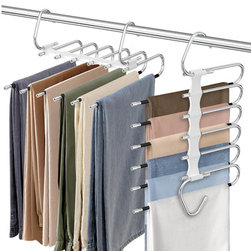Upgrade 6 Layers Pants Hangers Space Saving, 2Pack Stainless Steel Multifunctional Rack Non Slip S-Type Clothes Jean