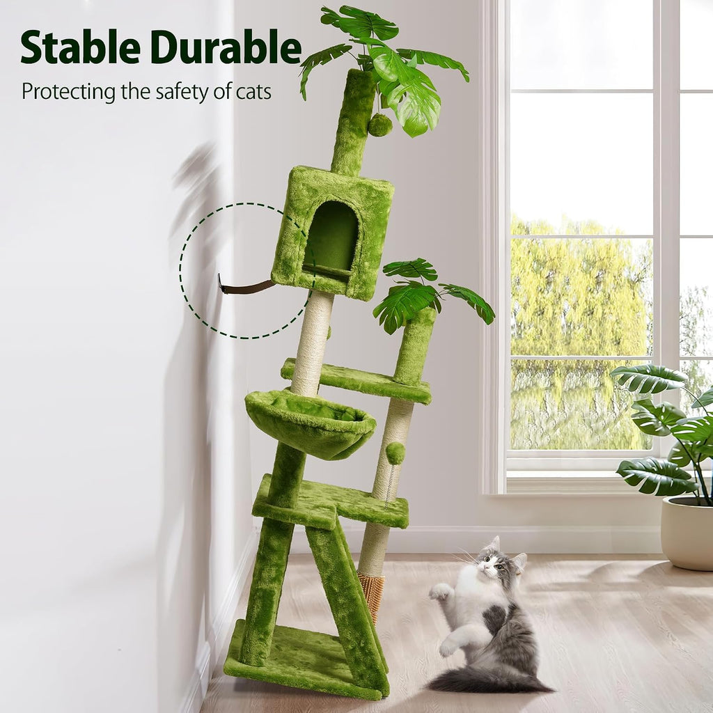 65in Tall Cat Tree with Leaves for Indoor Cats, Green Cat Tower with Scratching Post, Hanging Hammock, Cozy Perch, Swing