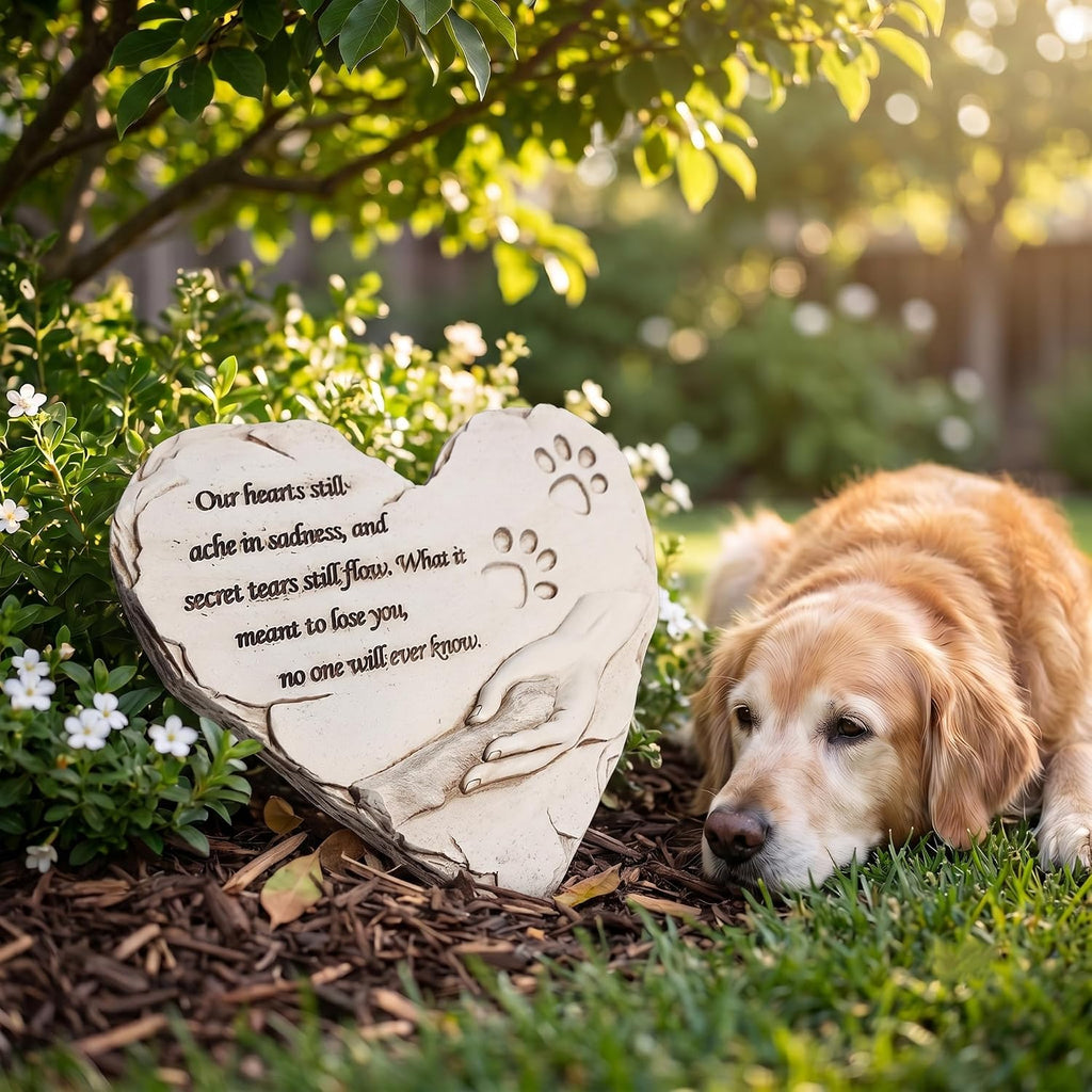Heart Shaped Pet Dog Memorial Stones Grave Markers, Pet Dog Headstones Memorial Plaques for Garden Backyard Patio or