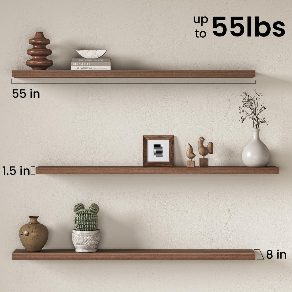 55 Inch Floating Shelves for Wall, 8 Inch Deep Rustic Wood Wall Mounted Shelves with Invisible Brackets Storage