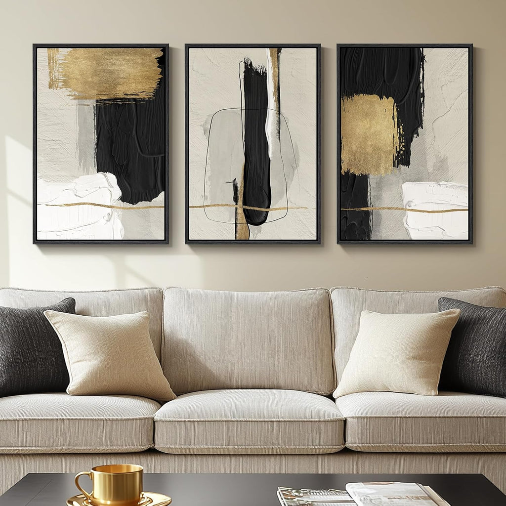 Framed Black and White Abstract Wall Art, 3 Piece Canvas Prints Paintings Artwork for Walls, Modern Minimalist Gold