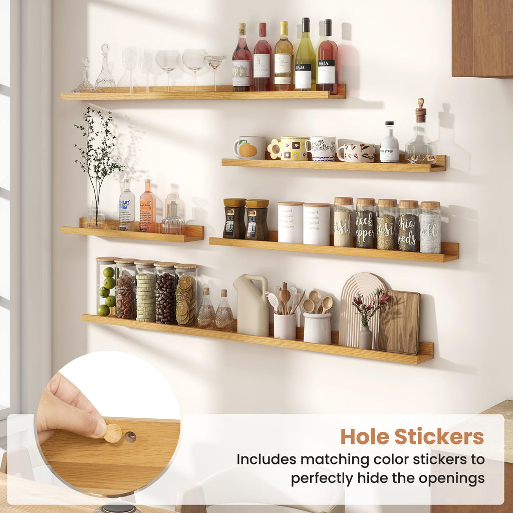 Picture Ledge Shelves Set of 2, 48 Inch Rustic Wall Mounted Floating Shelves with Lip Storage and Décor, Oak