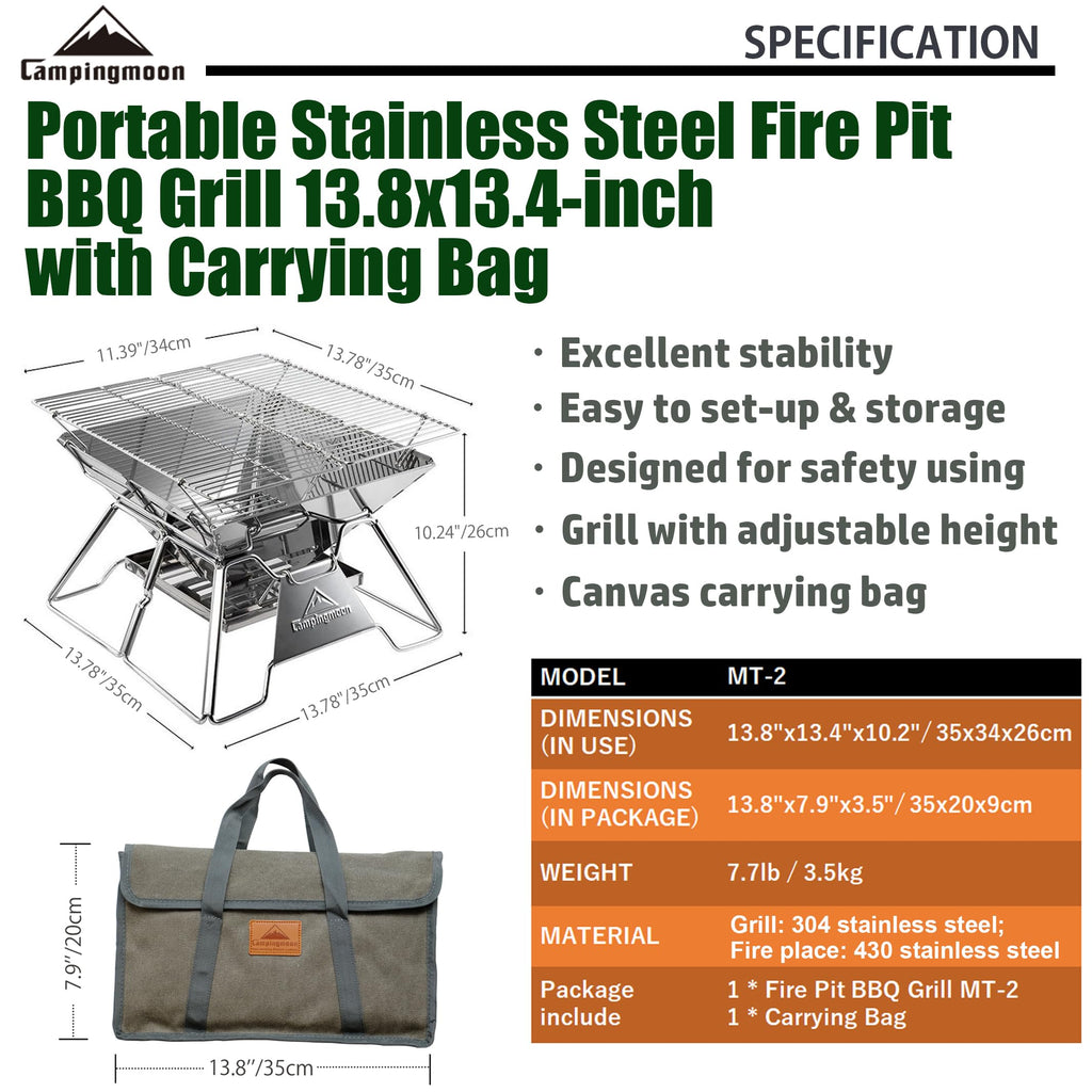 Portable Fire Pit Grill 14 Inch Stainless Steel