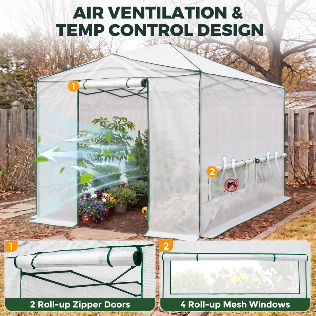 12x8 Easy Setup Pop Up Greenhouse, Support Pole, Clear/White