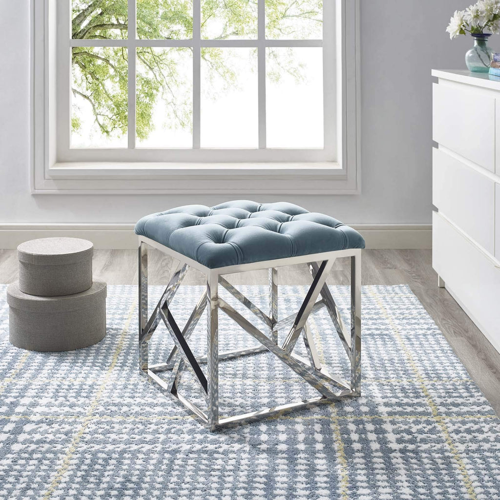 Intersperse Tufted Modern Ottoman with Silver Stainless Steel Geometric Frame in Sea Blue