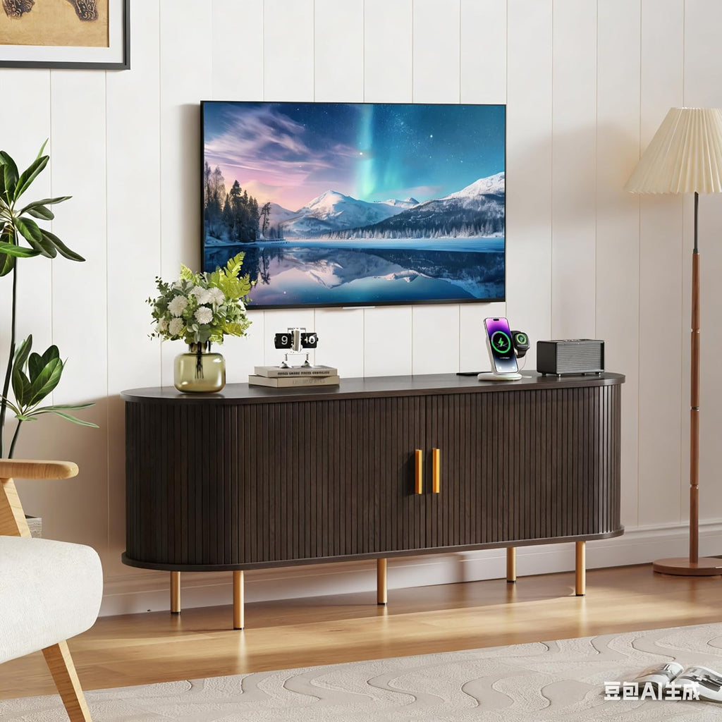 55 Inch Mid Century Modern TV Stand with Power Outlet for TVs up to 60 Inch, Entertainment Center with Storage and
